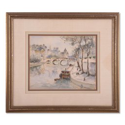 Vintage Georges Audureau Watercolor 'French River Scene'