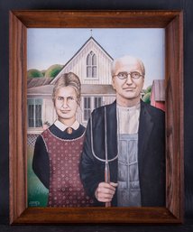 Vintage/Comtemporary American Satirical Original Oil 'American Gothic Remake' Signed