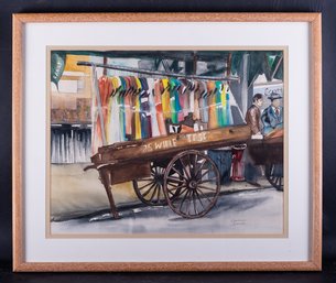 Vintage Beautiful Impressionist Watercolor On Paper 'Fashion On A Cart' Signed