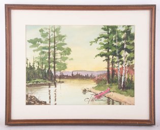 Vintage American Impressionist Watercolor 'Lake Scene'