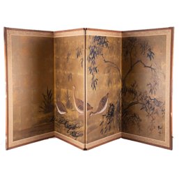 Antique Hand Painted Oriental Room Divider 'Birds'