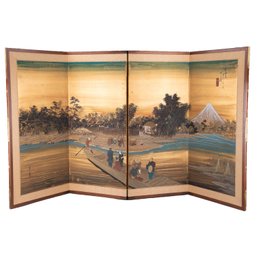 Antique Hand Painted Oriental Room Divider 'Fishermen Near Mount Fuji'