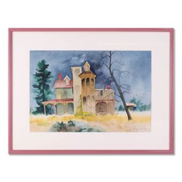 Vintage Realist Watercolor On Paper 'House Landscape'
