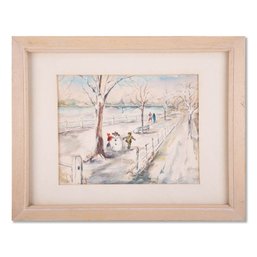 Small Vintage Watercolor 'Winter Near River'