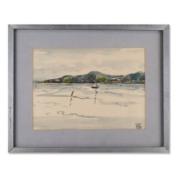 Post-Impressionist Watercolor On Paper 'Lake Scene'
