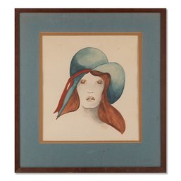 Modernist Watercolor On Paper 'Girl With Hat'