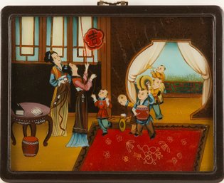Chinese GongBi Watercolor On Glass 'Celebrate Day In The Family'