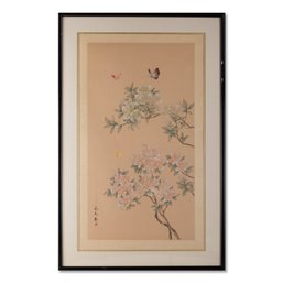 Chinese HuaNiao Watercolor On Silk  'Butterfly And Flower'