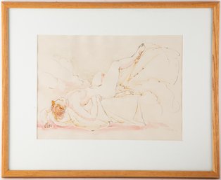 Figure Watercolor Ink 'Nude Woman Lying Down'