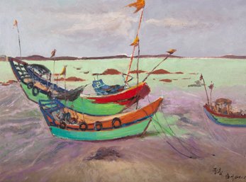 XinSheng Zhuang Impressionist Original Oil Painting 'Boats 1'