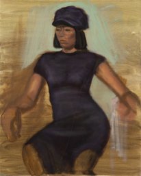 Portrait Oil On Canvas 'Woman In Navy Blue Dress'