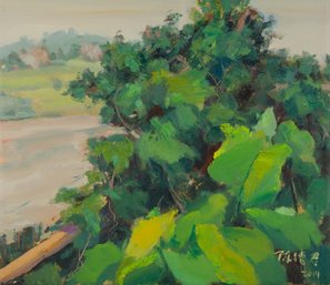Dejun Chen Landscape Original Oil On Canvas 'Riverside Spring Scenery'