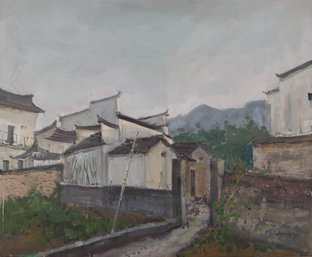 Muzhou Yu Landscape Original Oil On Canvas 'Mountain Village'