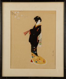 Portrait Watercolor On Silk 'Lady In Kimono'