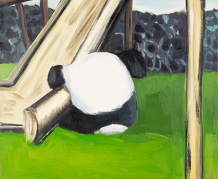 Jin Liu Modernist Original Oil On Canvas 'Baby Panda Play Itself'