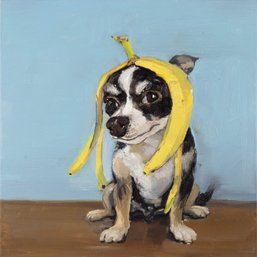 Jiao Wang Impressionist Original Oil Painting 'Yellow Banana Skin And Puppy'