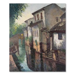 Pingchang Zhang Impressionist Original Oil On Canvas 'River Village'