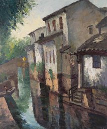 Pingchang Zhang Impressionist Original Oil On Canvas 'River Village'