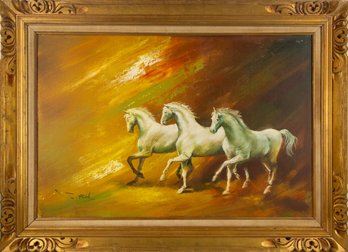 Animal Oil On Canvas Signed S.Roh'Running White Horses'
