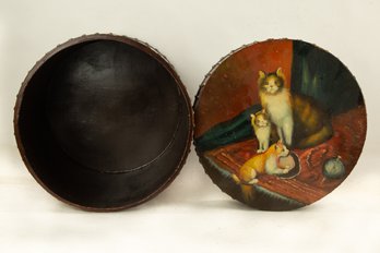 Old Wooden Cylinder With Cat Painting Lid