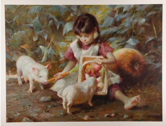 Wang YanImpressionist Original Oil On Canvas 'Girl Feed Pig'