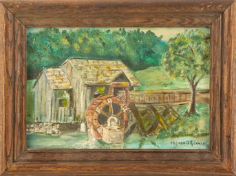 Mildred S. Gehman Landscape Oil On Board 'Waterwheel'