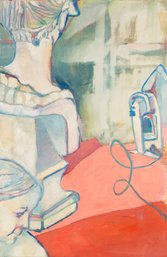 Contemporary Art Oil On Canvas 'Mother And Daughter Ironing Clothes'