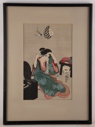 Utagawa Kunisada Nihonga Woodblock Print 'Woman Trimming Eyebrows'