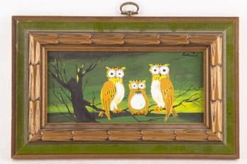 Vintage Ainmal Oil On Board 'Owls '