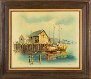 Waterscape Oil On Canvas Luini'House Next To The Pier'