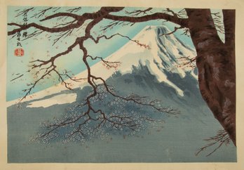 Ukiyo E Woodblock Print Tomikichiro Tokuriki ( 1902 - 200 )'Mt. Fuji And Cherry Blossoms At Tateho'
