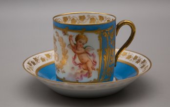 Sevres Louis Philippe Era Coffee Can And Saucer With Painted Putto 1846