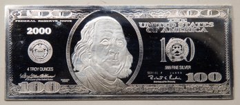 Year 2000 4 Troy Ounces .999 Fine Silver 100 Dollar Bill
