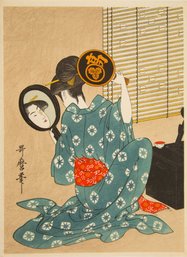 Ukiyo E Woodblock Print Kitagawa Utamaro ( 1753 - 1806 )'Courtesan Checking Her Hair'