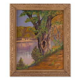 Vintage Impressionist Oil Painting 'Tree Near Stream'