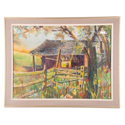 Vintage 1965 Impressionist Watercolor 'Country Cabin'