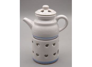 Vintage Blue And White Porcelain Teapot And Warming Stand