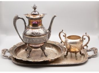 Silver On Copper Teapot, Sugar Box And 2 Tray