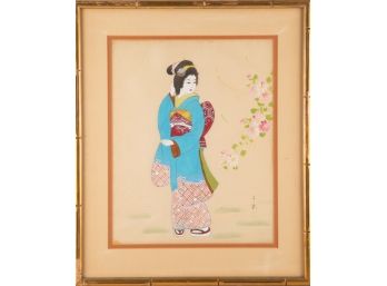 Portrait Watercolor On Silk 'Woman In Blue Kimono'