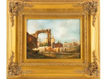 H.Wood Landscape Oil On Board With Gold Gilt Frame 'Figure In The Ruins'