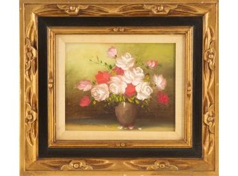 Still Life Oil On Board 'Red And Pink Roses'