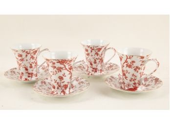 Set Of Four Red Flower Pattern Porcelain Tea Cups