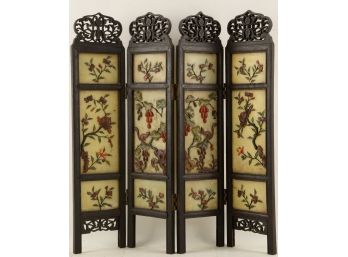 Chinese Jade Stone And Wooden 4 Panel Mini Folding Screen