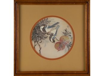 Chinese HuaNiao Print 'Blue Birds On Pomegranate Tree'