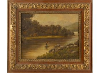 Landscape Oil On Canvas 'Fishing Man In A Lake'