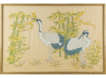 Animal Watercolor On Silk 'Crane And Bamboo'