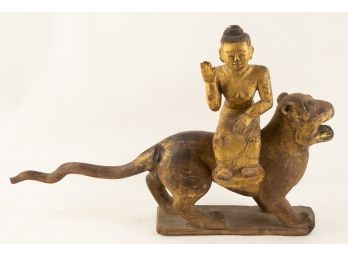 Buddha Riding A Tiger Wood Sculpture