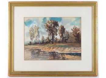 Signed Dated 1947 Original Watercolor On Paper 'Forest Landscape'