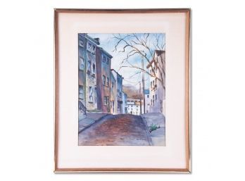 Vintage Imprsssionist Original Watercolor 'City Street'