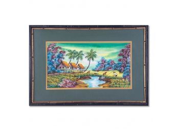 Vintage Gouache On Fabric'Farming By The Palm Trees'